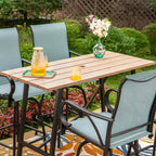 5-Piece Metal Outdoor Patio Bar Height Dining Set with Sling Swivel Chairs and Rectangle Brown Slat Tabletop