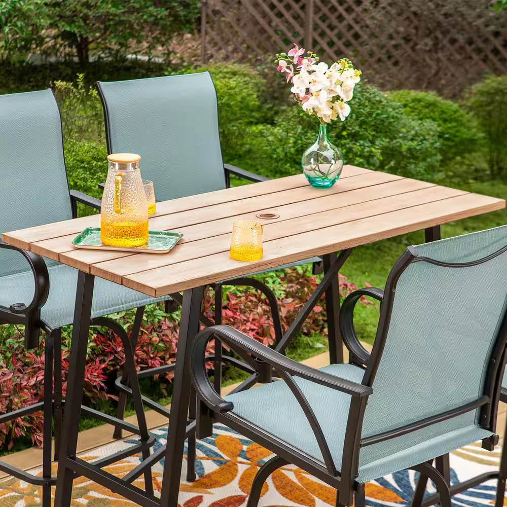 5-Piece Metal Outdoor Patio Bar Height Dining Set with Sling Swivel Chairs and Rectangle Brown Slat Tabletop