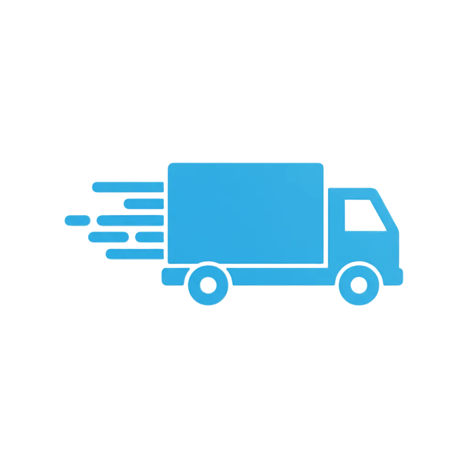 Blue delivery truck icon with speed lines on a transparent background