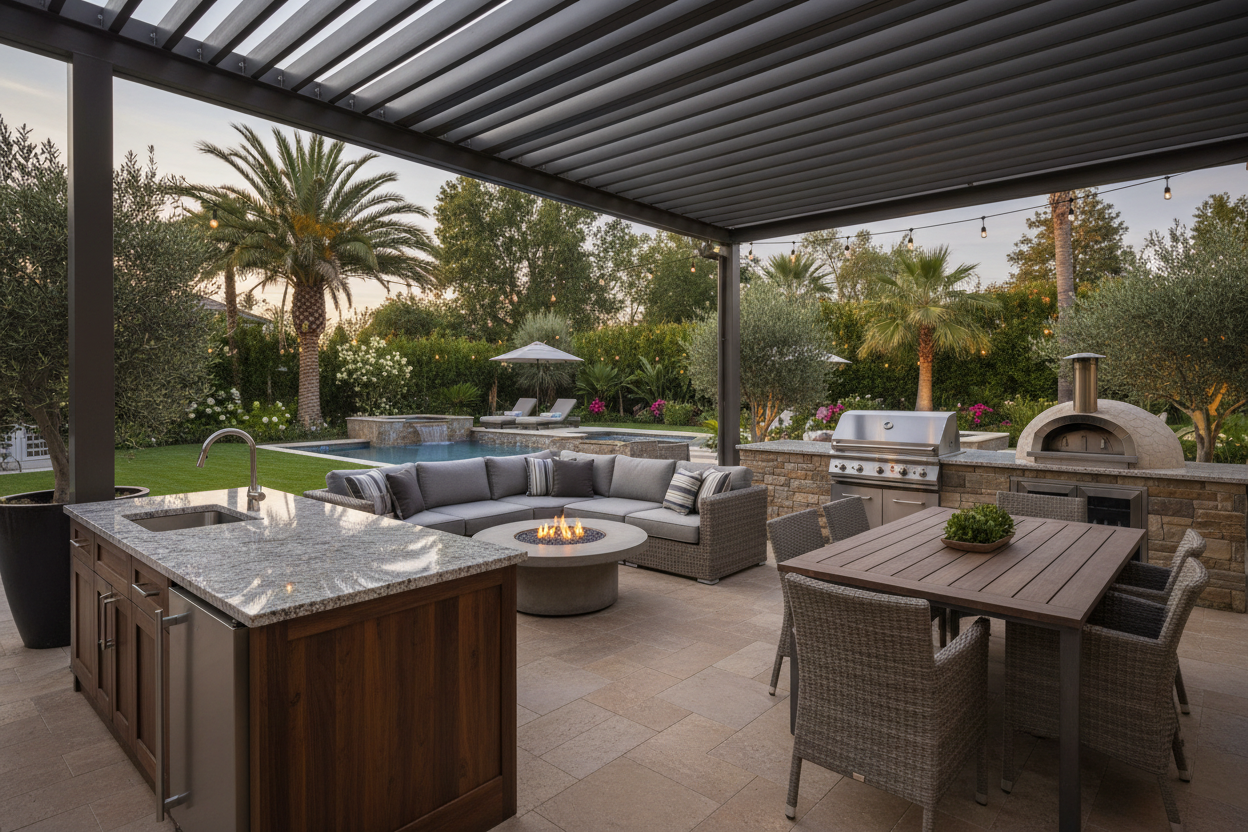 Backyard with furniture and outdoor kitchen upgrades