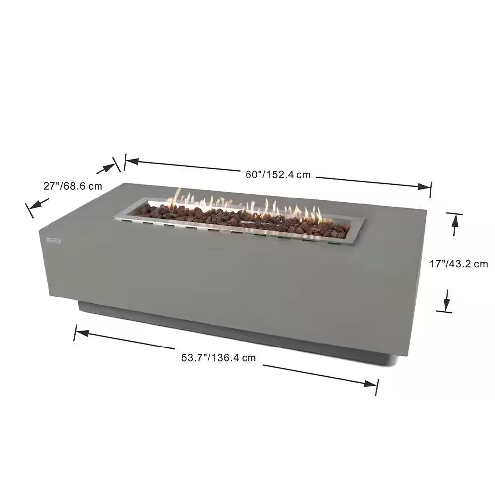 Granville Outdoor Fire Pit 60 In. X 27 In. Rectangular Concrete Propane Fire Table with Lava Rocks and Cover