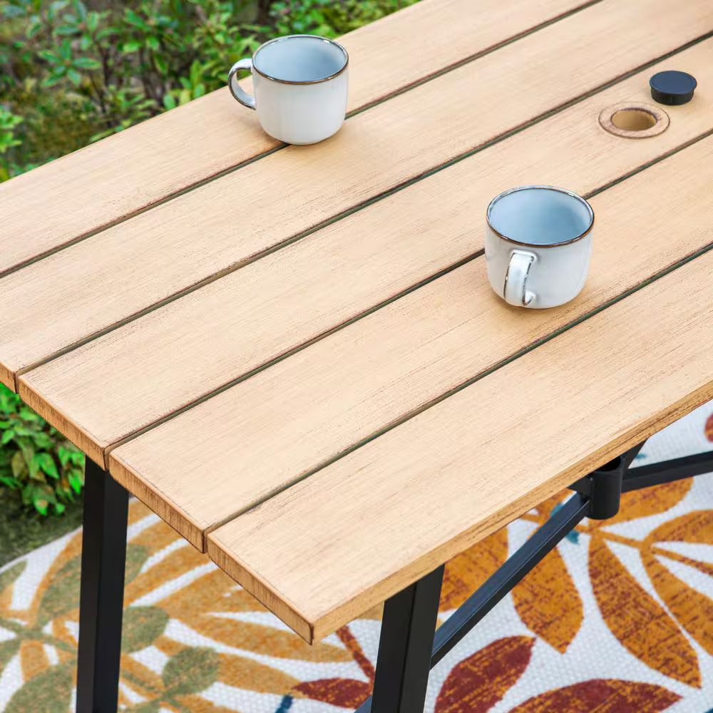 5-Piece Metal Outdoor Patio Bar Height Dining Set with Sling Swivel Chairs and Rectangle Brown Slat Tabletop