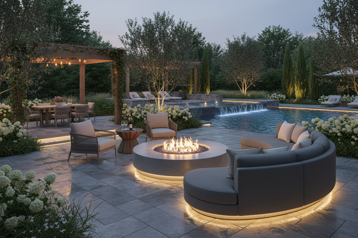 Luxury backyard fire pit with furniture