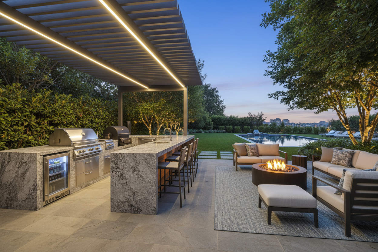Luxury backyard kitchen with fire pit and furniture