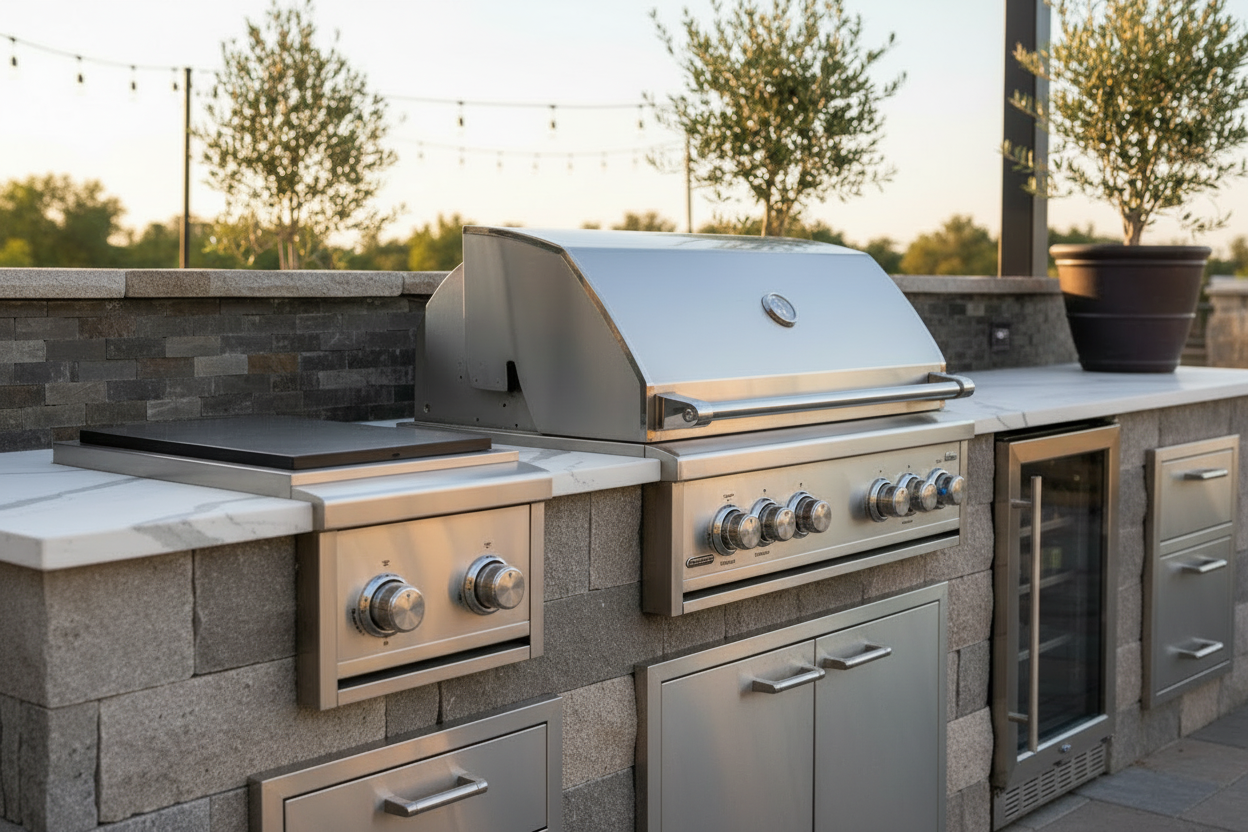 Luxury outdoor kitchen with steel storage drawers and doors