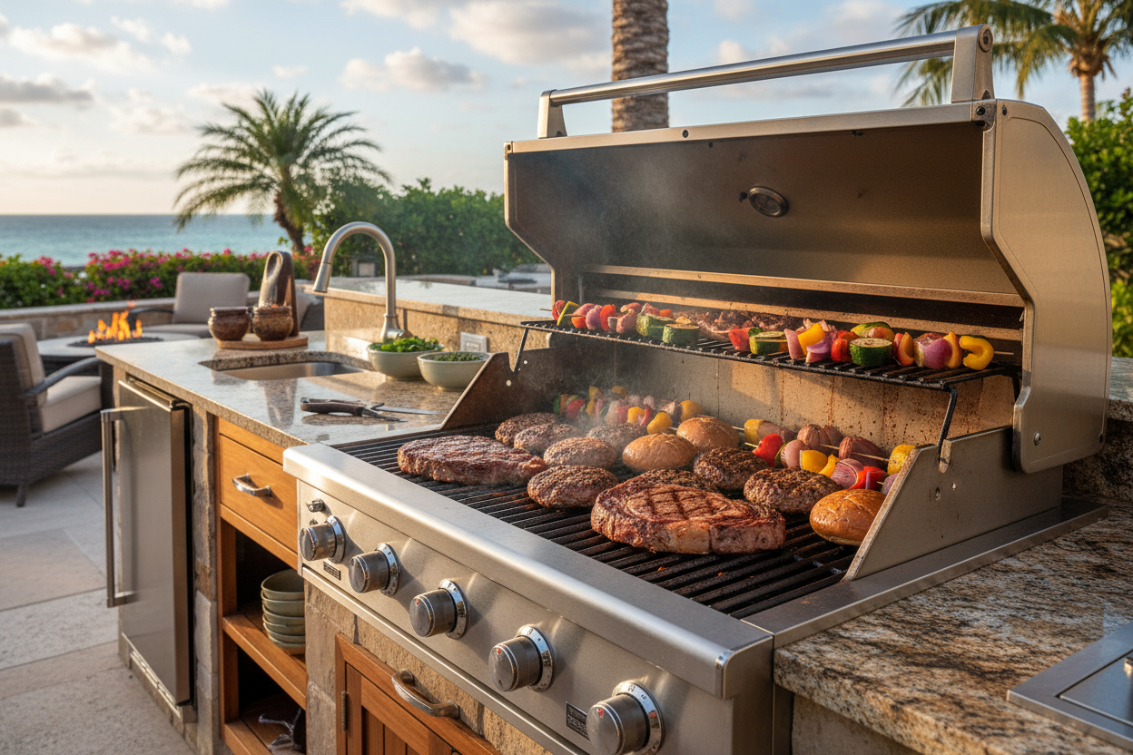 Outdoor kitchen grill with food searing
